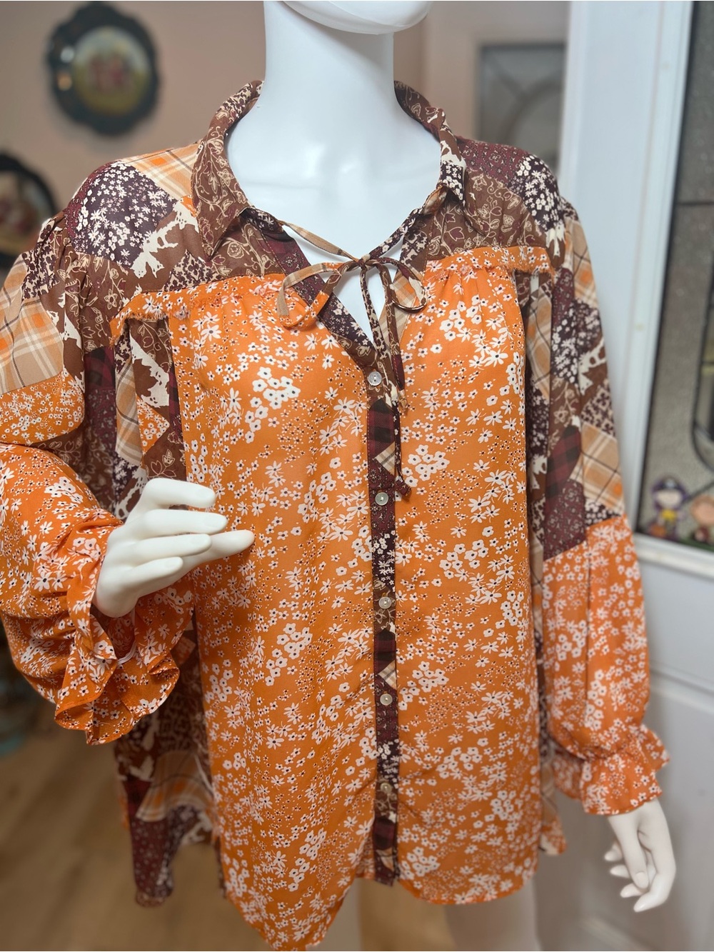 Cato Orange and Brown Floral Patchwork Button-Down Blouse